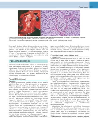 Pleural Lesions 511
cause is controlled or remits. By contrast, ﬁbrinous, hemor-
rhagic, and suppurative exudates may lead to ﬁbrous orga-
nization, yielding adhesions or ﬁbrous pleural thickening,
and sometimes minimal to massive calciﬁcations.
Pneumothorax, Hemothorax, and
ChylothoraxPneumothorax refers to presence of air or other gas in the
pleural sac. It may occur in young, apparently healthy
adults, usually men without any known pulmonary disease
(simple or spontaneous pneumothorax), or as a result of
some thoracic or lung disorder (secondary pneumothorax),
such as emphysema or a fractured rib. Secondary pneumo-
thorax is the consequence of rupture of any pulmonary
lesion situated close to the pleural surface that allows
inspired air to gain access to the pleural cavity. Such pul-
monary lesions include emphysema, lung abscess, tuber-
culosis, carcinoma, and many other, less common processes.
Mechanical ventilatory support with high pressure also
may trigger secondary pneumothorax.
There are several possible complications of pneumotho-
rax. A ball-valve leak may create a tension pneumothorax
that shifts the mediastinum. Compromise of the pulmo-
nary circulation may follow and may even be fatal. If the
leak seals and the lung is not reexpanded within a few
weeks (either spontaneously or through medical or surgi-
cal intervention), so much scarring may occur that it can
never be fully reexpanded. In these cases, serous ﬂuid col-
lects in the pleural cavity, creating hydropneumothorax.
With prolonged collapse, the lung becomes vulnerable to
infection, as does the pleural cavity when communica-
tion between it and the lung persists. Empyema is thus
an important complication of pneumothorax
(pyopneumothorax).
Hemothorax, the collection of whole blood (in contrast
with bloody effusion) in the pleural cavity, is a complica-
tion of a ruptured intrathoracic aortic aneurysm that is
almost always fatal. With hemothorax, in contrast with
bloody pleural effusions, the blood clots within the pleural
cavity.
Chylothorax is a pleural collection of a milky lymphatic
Only rarely do they induce the carcinoid syndrome, charac-
terized by intermittent attacks of diarrhea, ﬂushing, and
cyanosis. The reported 5- and 10-year survival rates for
typical carcinoids are above 85%, while these rates drop to
56% and 35%, respectively, for atypical carcinoids. Only 5%
of patients with the most aggressive neuroendocrine lung
tumor—SCLC—are alive at 10 years.
PLEURAL LESIONS
Pathologic involvement of the pleura is, with rare excep-
tions, a secondary complication of an underlying pulmo-
nary disease. Evidence of secondary infection and pleural
adhesions are particularly common ﬁndings at autopsy.
Important primary disorders are (1) primary intrapleural
bacterial infections and (2) a primary neoplasm of the
pleura known as malignant mesothelioma.
Pleural Effusion and
PleuritisIn pleural effusion (the presence of ﬂuid in the pleural
space) the ﬂuid can be either a transudate or an exudate.
When the pleural ﬂuid is a transudate, the condition is
termed hydrothorax. Hydrothorax from CHF probably is the
most common cause of ﬂuid accumulation in the pleural
cavity. An exudate, characterized by protein content greater
than 2.9gm/dL and, often, inﬂammatory cells, suggests
pleuritis. The four principal causes of pleural exudate forma-
tion are (1) microbial invasion through either direct exten-
sion of a pulmonary infection or blood-borne seeding
(suppurative pleuritis or empyema); (2) cancer (lung carci-
noma, metastatic neoplasms to the lung or pleural surface,
mesothelioma); (3) pulmonary infarction; and (4) viral
pleuritis. Other, less common causes of exudative pleural
effusions are systemic lupus erythematosus, rheumatoid
arthritis, and uremia, as well as previous thoracic surgery.
Malignant effusions characteristically are large and fre-
quently bloody (hemorrhagic pleuritis). Cytologic examina-
tion may reveal malignant and inﬂammatory cells.
Whatever the cause, transudates and serous exudates
A B
Figure 12-49 Bronchial carcinoid. A, Carcinoid growing asaspherical, pale mass(arrow) protruding into the lumen of the bronchus. B, Histologic
appearance demonstrating small,rounded, uniform nuclei and moderate cytoplasm.
(Courtesy of Dr. Thomas Krausz, Department of Pathology, University of Chicago Pritzker School of Medicine, Chicago, Illinois.)
usually are resorbed without residual effects if the inciting ﬂuid containing microglobules of lipid. The total volume
 