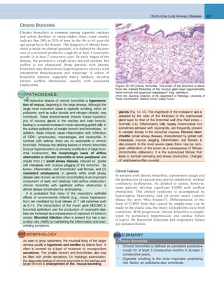 Clinical Features
In patients with chronic bronchitis, a prominent cough and
the production of sputum may persist indeﬁnitely without
ventilatory dysfunction. As alluded to earlier, however,
some patients develop signiﬁcant COPD with outﬂow
obstruction. This clinical syndrome is accompanied by
hypercapnia, hypoxemia, and (in severe cases) cyanosis
(hence the term “blue bloaters”). Differentiation of this
form of COPD from that caused by emphysema can be
made in the classic case, but many such patients have both
conditions. With progression, chronic bronchitis is compli-
cated by pulmonary hypertension and cardiac failure
(Chapter 10). Recurrent infections and respiratory failure
are constant threats.
Obstructive Lung (Airway) Diseases 467
Chronic Bronchitis
Chronic bronchitis is common among cigarette smokers
and urban dwellers in smog-ridden cities; some studies
indicate that 20% to 25% of men in the 40- to 65-year-old
age group have the disease. The diagnosis of chronic bron-
chitis is made on clinical grounds: it is deﬁned by the pres-
ence of a persistent productive cough for at least 3 consecutive
months in at least 2 consecutive years. In early stages of the
disease, the productive cough raises mucoid sputum, but
airﬂow is not obstructed. Some patients with chronic
bronchitis may demonstrate hyperresponsive airways with
intermittent bronchospasm and wheezing. A subset of
bronchitic patients, especially heavy smokers, develop
chronic outﬂow obstruction, usually with associated
emphysema.
PATHOGENESI
SThe distinctive feature of chronic bronchitis is hypersecre-
tion of mucus, beginning in the large airways. Although the
single most important cause is cigarette smoking, other air
pollutants, such as sulfur dioxide and nitrogen dioxide, may
contribute. These environmental irritants induce hypertro-
phy of mucous glands in the trachea and main bronchi,
leading to amarked increase in mucin-secreting goblet cells in
the surface epithelium of smaller bronchi and bronchioles. In
addition, these irritants cause inﬂammation with inﬁltration
of CD8+ lymphocytes, macrophages, and neutrophils. In
contrast with asthma, there are no eosinophils in chronic
bronchitis. Whereas the deﬁning feature of chronic bronchitis
(mucus hypersecretion) is primarily a reﬂection of large bron-
chial involvement, the morphologic basis of airﬂow
obstruction in chronic bronchitis is more peripheral and
results from (1) small airway disease, induced by goblet
cell metaplasia with mucous plugging of the bronchio- lar
lumen, inﬂammation, and bronchiolar wall ﬁbrosis, and (2)
coexistent emphysema. In general, while small airway
disease (also known as chronic bronchiolitis) is an important
component of early and relatively mild airﬂow obstruction,
chronic bronchitis with signiﬁcant airﬂow obstruction is
almost always complicated by emphysema.
It is postulated that many of the respiratory epithelial
effects of environmental irritants (e.g., mucus hypersecre-
tion) are mediated by local release of T cell cytokines such
as IL-13. The transcription of the mucin gene MUC5AC in
bronchial epithelium and the production of neutrophil elas-
tase are increased as a consequence of exposure to tobacco
smoke. Microbial infection often is present but has a sec-
ondary role, chieﬂy by maintaining the inﬂammation and exac-
erbating symptoms.
MORPHOLOGY
As seen in gross specimens, the mucosal lining of the larger
airways usually is hyperemic and swollen by edema ﬂuid. It
often is covered by a layer of mucinous or mucopurulent
secretions. The smaller bronchi and bronchioles also may
be ﬁlled with similar secretions. On histologic examination,
the diagnostic feature of chronic bronchitis in the trachea and
glands (Fig. 12–10). The magnitude of the increase in size is
assessed by the ratio of the thickness of the submucosal
gland layer to that of the bronchial wall (the Reid index—
normally 0.4). Inﬂammatory cells, largely mononuclear but
sometimes admixed with neutrophils, are frequently present
in variable density in the bronchial mucosa. Chronic bron-
chiolitis (small airway disease), characterized by goblet cell
metaplasia, mucous plugging, inﬂammation, and ﬁbrosis, is
also present. In the most severe cases, there may be com-
plete obliteration of the lumen as a consequence of ﬁbrosis
(bronchiolitis obliterans). It is the submucosal ﬁbrosis that
leads to luminal narrowing and airway obstruction. Changes
of emphysemaoften co-exist.
Figure 12–10 Chronic bronchitis. The lumen of the bronchus is above.
Note the marked thickening of the mucous gland layer (approximately
twice-normal) and squamous metaplasiaof lung epithelium.
(From the Teaching Collection of the Department of Pathology, University of
Texas, Southwestern Medical School, Dallas,Texas.)
SUMMARY
Chronic Bronchitis
• Chronic bronchitis is deﬁned as persistent productive
cough for at least 3 consecutive months in at least 2
consecutive years.
• Cigarette smoking is the most important underlying
risk factor; air pollutants also contribute.larger bronchi is enlargement of the mucus-secreting
 