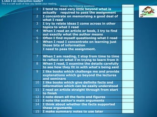 1.1	Am I an interactive reader? This is a self audit of how you tackle your reading. Answer the following questions: 