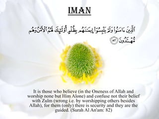 Iman




  It is those who believe (in the Oneness of Allah and
worship none but Him Alone) and confuse not their belief
  with Zulm (wrong i.e. by worshipping others besides
 Allah), for them (only) there is security and they are the
               guided. (Surah Al An'am: 82)
 