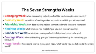 The Seven StrengthsWeeks
• Belonging Week:when has reading helped you feel like you belong to a community?
• Curiosity Week: what kind of reading makes you curious and fills you with wonder?
• Friendship Week: how does reading help us connect and make the world friendlier?
• Kindness Week: what kindness role models have you met through reading?
• Confidence Week: what stories make you feel confident and proud to be you?
• Courage Week: when did reading give you the courage to stand up for something you
believe in?
• Hope Week: if you could share a message of hope, what would you read about to the whole
world?
Malu Sciamarelli, February 2016
 