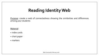 Reading IdentityWeb
Purpose: create a web of connectedness showing the similarities and differences
among your students
Material:
• index cards
• chart paper
• markers
Malu Sciamarelli, February 2016
 