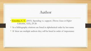 Author
• Greenlee, C. T. (2015). Spending vs. support. Diverse: Issues in Higher
Education, 32(5), 25-26
• In a bibliography citations are listed in alphabetical order by last name
• If there are multiple authors they will be listed in order of importance
Greenlee, C. T.
 
