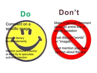 Comment on a                  Make a general comment
                              about an entire line or
specific image
                              whole quotation

Mention literary              Just discuss “words”
devices/elements              or “images”

                              Just mention your own
Mention authorial intent/or   opinion about the text
at least try to speculate
authorial intention
 