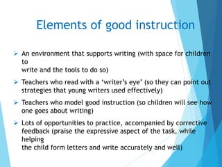  An environment that supports writing (with space for children
to
write and the tools to do so)
 Teachers who read with a ‘writer’s eye’ (so they can point out
strategies that young writers used effectively)
 Teachers who model good instruction (so children will see how
one goes about writing)
 Lots of opportunities to practice, accompanied by corrective
feedback (praise the expressive aspect of the task, while
helping
the child form letters and write accurately and well)
Elements of good instruction
 