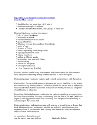 http://wblrd.sk.ca/~bestpractice/reader/process3.html
Rules For Mini-Lessons:
* should be short (no longer than 10-12 mins.)
* should be meaningful to students
 can be with individual student, small groups, or entire class
Here is a list of some possible mini-lessons:
* rules of readers' workshop
* how to choose a book
* how to conference with the teacher
* giving a book talk
* difference between fiction and non-fiction books
* points of view
* elements of fiction
* connecting reading material to your life
* figuring out unknown words
* making predictions
* reading at different speeds
* how to share your book with others
* foreshadowing
* similes and metaphors
* noticing the dedication
 how characters are described
Reading: Students may be trying strategies that they learned during the mini-lesson or
focus on a particular reading strategy that they have set as one of their goals.
During independent reading the students read, respond, and conference with the teacher.
Conferencing: During the independant reading time the teacher should be circling around
the class and taking running records. Conferences provide the teacher with an opportunity
to assess individual student needs so that instruction can then be personalized for optimal
student learning to take place.
Responding: During independent reading time the students may choose to respond to the
literature they are reading. They may be discussing their reactions to the book (positive or
negative), making personal connections, discussing their interpretations of the story, or
commenting on the writer's craft.
During sharing time, students should meet with a partner or a small group to discuss their
book. They can discuss a strategy they tried during workshop, something from their
response journal, or recommend a book. Sharing time is brief and allows all students a
chance to speak about their book.
At certain times during the school
year the teacher may want students Booktalks (Rubric)
 