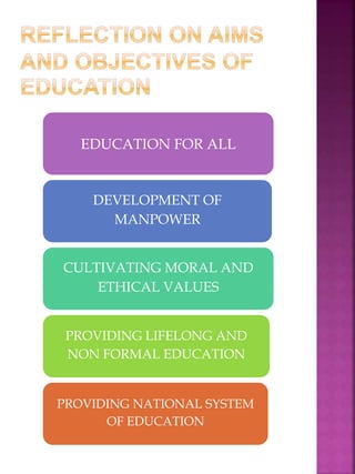 EDUCATION FOR ALL
DEVELOPMENT OF
MANPOWER
CULTIVATING MORAL AND
ETHICAL VALUES
PROVIDING LIFELONG AND
NON FORMAL EDUCATION
PROVIDING NATIONAL SYSTEM
OF EDUCATION
 