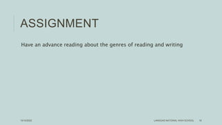 ASSIGNMENT
Have an advance reading about the genres of reading and writing
LANGGAS NATIONAL HIGH SCHOOL 18
10/10/2022
 