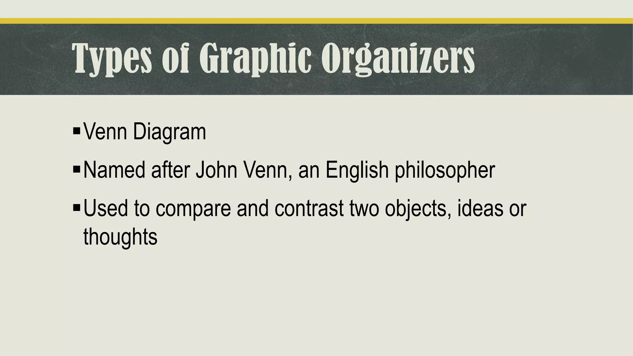 Types of Graphic Organizers
▪Venn Diagram
▪Named after John Venn, an English philosopher
▪Used to compare and contrast two objects, ideas or
thoughts
 