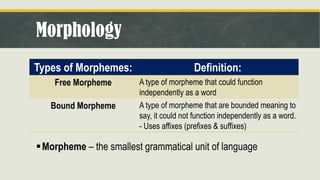 Morphology
Types of Morphemes: Definition:
Free Morpheme A type of morpheme that could function
independently as a word
Bound Morpheme A type of morpheme that are bounded meaning to
say, it could not function independently as a word.
- Uses affixes (prefixes & suffixes)
▪Morpheme – the smallest grammatical unit of language