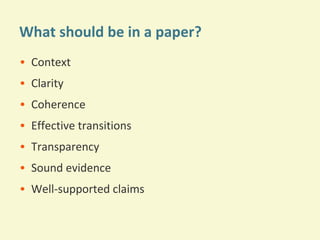 What should be in a paper?
• Context
• Clarity
• Coherence
• Effective transitions
• Transparency
• Sound evidence
• Well-supported claims

 