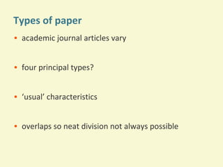 Types of paper
• academic journal articles vary
• four principal types?
• ‘usual’ characteristics
• overlaps so neat division not always possible

 