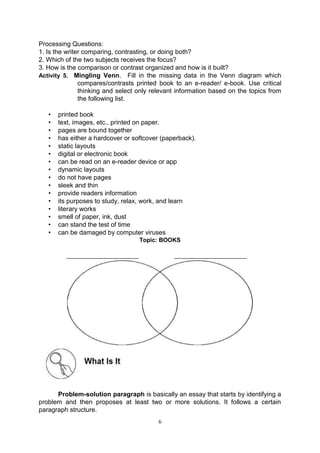 6
Processing Questions:
1. Is the writer comparing, contrasting, or doing both?
2. Which of the two subjects receives the focus?
3. How is the comparison or contrast organized and how is it built?
Activity 5. Mingling Venn. Fill in the missing data in the Venn diagram which
compares/contrasts printed book to an e-reader/ e-book. Use critical
thinking and select only relevant information based on the topics from
the following list.
• printed book
• text, images, etc., printed on paper.
• pages are bound together
• has either a hardcover or softcover (paperback).
• static layouts
• digital or electronic book
• can be read on an e-reader device or app
• dynamic layouts
• do not have pages
• sleek and thin
• provide readers information
• its purposes to study, relax, work, and learn
• literary works
• smell of paper, ink, dust
• can stand the test of time
• can be damaged by computer viruses
Topic: BOOKS
______________________ ______________________
Problem-solution paragraph is basically an essay that starts by identifying a
problem and then proposes at least two or more solutions. It follows a certain
paragraph structure.
 
