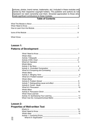 pictures, photos, brand names, trademarks, etc.) included in these modules are
owned by their respective copyright holders. The publisher and authors do not
represent nor claim ownership over them. Sincerest appreciation to those who
made significant contributions to these modules.
Table of Contents
What This Module is About ....................................................................................................................... i
What I Need to Know .................................................................................................................................. ii
How to Learn from this Module………………………………………………………………………… iii
Icons of this Module ................................................................................................................................... iii
What I Know …. ........................................................................................................................................ iv
Lesson 1:
Patterns of Development .................................................................................................... 1
What I Need to Know ................................................................................... 1
What’s New:
Activity 1 #staysafe ..................................................................................... 2
Activity 2 KWL Chart …………………………………………………………….2
What Is It: Narration .................................................................................... 3
What’s More:
Activity 3. My Story ...................................................................................... 4
Activity 4. Controlled Composition ............................................................................ 5
What Is It Comparing and Contrasting ........................................................ 6
What’s More:
Activity 5. Mingling Venn .............................................................................. 6
What Is It: Problem-solution ........................................................................ 7
What’s More:
Activity 6. Problem Solved .......................................................................... 8
Activity 7. Distinguishing cause and effect ................................................... 9
Activity 8. Combi - Mode .............................................................................. 9
What Is It: Persuasion .................................................................................. 10
What’s More
Activity 9. Persuasion Clinch ....................................................................... 10
What I Have Learned:
Activity 10: Synthesizing Your Learning ....................................................... 11
What I Can Do: Compare/Contrast Matrix ................................................... 12
Lesson 2:
Properties of Well-written Text
What’s In ............................................................................................................................ 14
What I Need to Know ................................................................................... 14
What’s New: ............................................................................................... 15
Activity 1. Confusing Errors
15 What Is It: Organization ..............................................................................
15
 