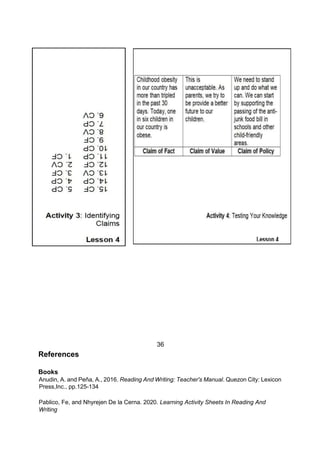 36
References
Books
Anudin, A. and Peňa, A., 2016. Reading And Writing: Teacher's Manual. Quezon City: Lexicon
Press,Inc., pp.125-134
Pablico, Fe, and Nhyrejen De la Cerna. 2020. Learning Activity Sheets In Reading And
Writing
 