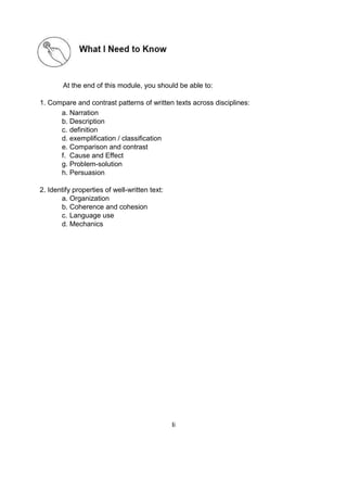 At the end of this module, you should be able to:
1. Compare and contrast patterns of written texts across disciplines:
a. Narration
b. Description
c. definition
d. exemplification / classification
e. Comparison and contrast
f. Cause and Effect
g. Problem-solution
h. Persuasion
2. Identify properties of well-written text:
a. Organization
b. Coherence and cohesion
c. Language use
d. Mechanics
Ii
 