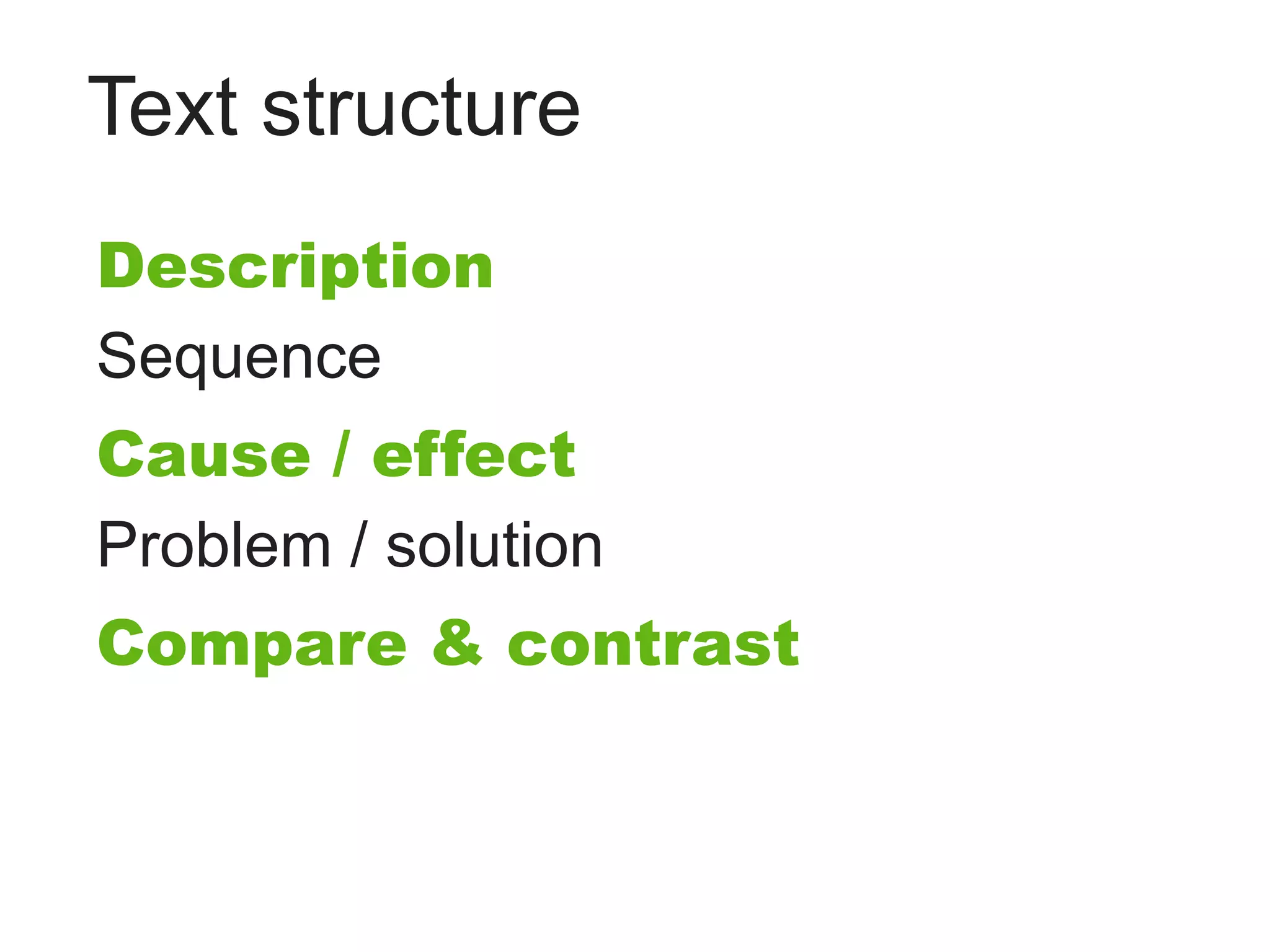 Text structure
Description
Sequence
Cause / effect
Problem / solution
Compare & contrast
 