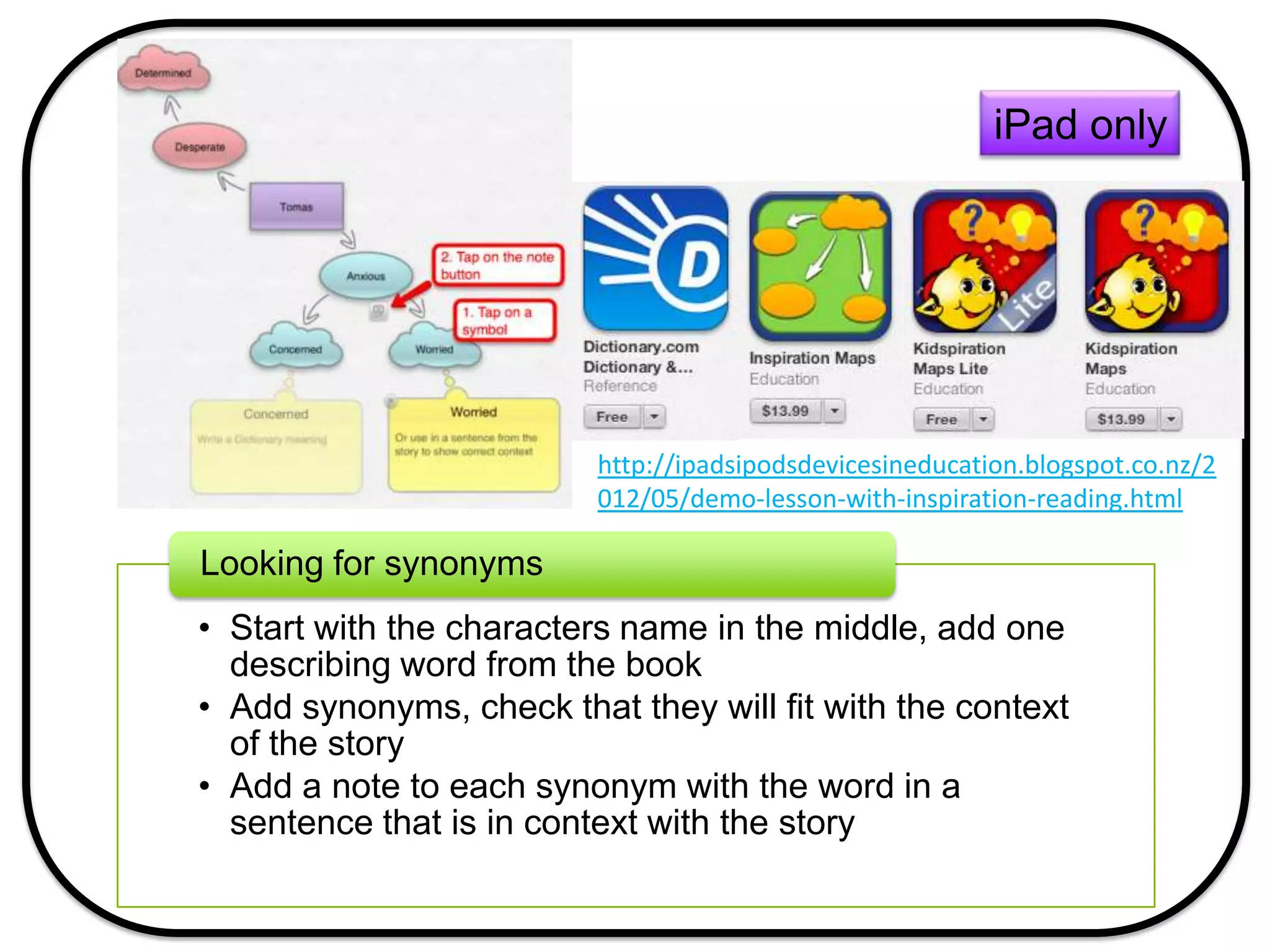 iPad only
• Start with the characters name in the middle, add one
describing word from the book
• Add synonyms, check that they will fit with the context
of the story
• Add a note to each synonym with the word in a
sentence that is in context with the story
Looking for synonyms
http://ipadsipodsdevicesineducation.blogspot.co.nz/2
012/05/demo-lesson-with-inspiration-reading.html
 