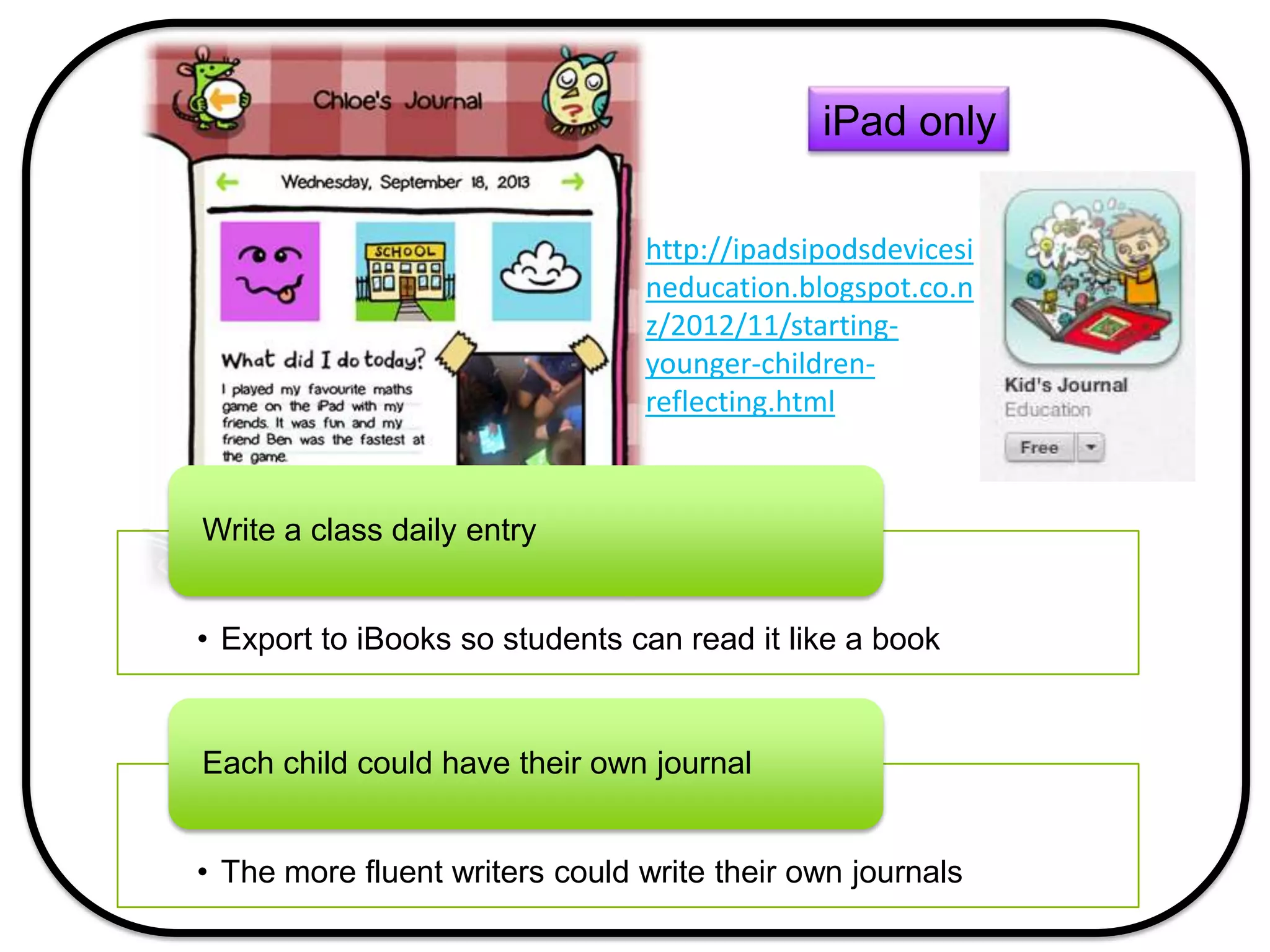 iPad only
• Export to iBooks so students can read it like a book
Write a class daily entry
• The more fluent writers could write their own journals
Each child could have their own journal
http://ipadsipodsdevicesi
neducation.blogspot.co.n
z/2012/11/starting-
younger-children-
reflecting.html
 