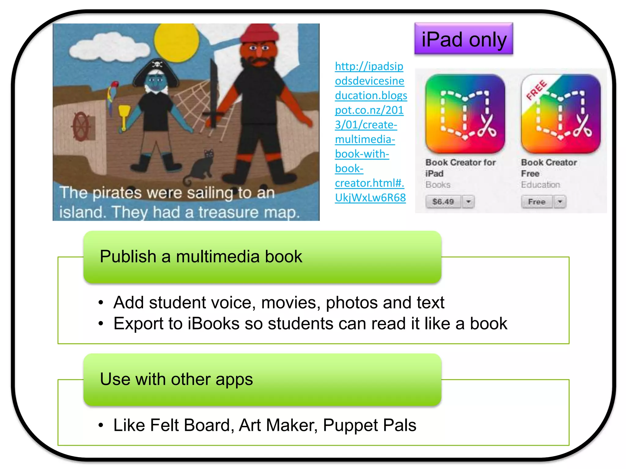 iPad only
• Add student voice, movies, photos and text
• Export to iBooks so students can read it like a book
Publish a multimedia book
• Like Felt Board, Art Maker, Puppet Pals
Use with other apps
http://ipadsip
odsdevicesine
ducation.blogs
pot.co.nz/201
3/01/create-
multimedia-
book-with-
book-
creator.html#.
UkjWxLw6R68
 