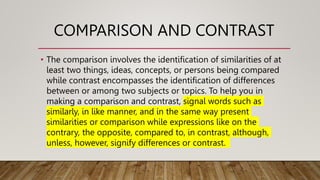 COMPARISON AND CONTRAST
• The comparison involves the identification of similarities of at
least two things, ideas, concepts, or persons being compared
while contrast encompasses the identification of differences
between or among two subjects or topics. To help you in
making a comparison and contrast, signal words such as
similarly, in like manner, and in the same way present
similarities or comparison while expressions like on the
contrary, the opposite, compared to, in contrast, although,
unless, however, signify differences or contrast.
 