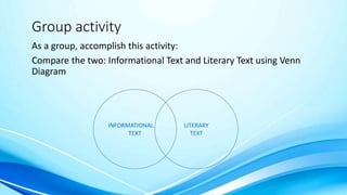 Group activity
As a group, accomplish this activity:
Compare the two: Informational Text and Literary Text using Venn
Diagram
INFORMATIONAL
TEXT
LITERARY
TEXT
 