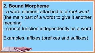 2. Bound Morpheme
- a word element attached to a root word
(the main part of a word) to give it another
meaning
- cannot function independently as a word
Examples: affixes (prefixes and suffixes)
 