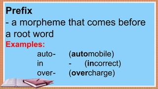 Prefix
- a morpheme that comes before
a root word
Examples:
auto- (automobile)
in - (incorrect)
over- (overcharge)
 