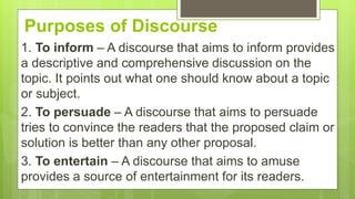 Purposes of Discourse
1. To inform – A discourse that aims to inform provides
a descriptive and comprehensive discussion on the
topic. It points out what one should know about a topic
or subject.
2. To persuade – A discourse that aims to persuade
tries to convince the readers that the proposed claim or
solution is better than any other proposal.
3. To entertain – A discourse that aims to amuse
provides a source of entertainment for its readers.
 