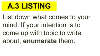 List down what comes to your
mind. If your intention is to
come up with topic to write
about, enumerate them.
A.3 LISTING
 