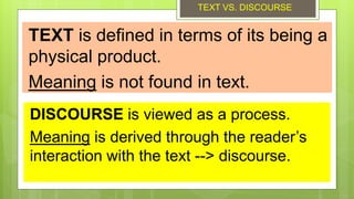 TEXT is defined in terms of its being a
physical product.
Meaning is not found in text.
DISCOURSE is viewed as a process.
Meaning is derived through the reader’s
interaction with the text --> discourse.
TEXT VS. DISCOURSE
 