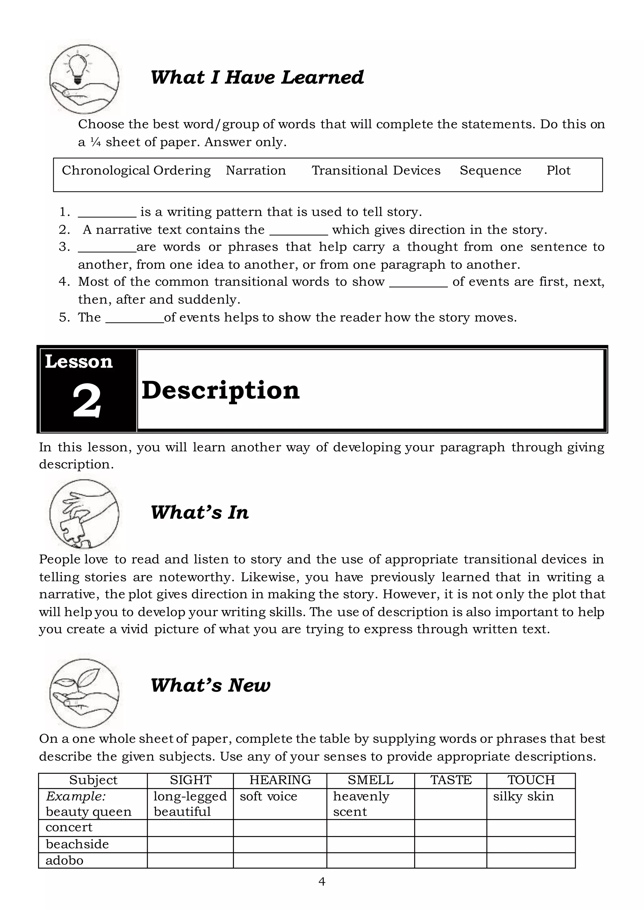 4
What I Have Learned
Choose the best word/group of words that will complete the statements. Do this on
a ¼ sheet of paper. Answer only.
1. _________ is a writing pattern that is used to tell story.
2. A narrative text contains the _________ which gives direction in the story.
3. _________are words or phrases that help carry a thought from one sentence to
another, from one idea to another, or from one paragraph to another.
4. Most of the common transitional words to show _________ of events are first, next,
then, after and suddenly.
5. The _________of events helps to show the reader how the story moves.
Lesson
2 Description
In this lesson, you will learn another way of developing your paragraph through giving
description.
People love to read and listen to story and the use of appropriate transitional devices in
telling stories are noteworthy. Likewise, you have previously learned that in writing a
narrative, the plot gives direction in making the story. However, it is not only the plot that
will help you to develop your writing skills. The use of description is also important to help
you create a vivid picture of what you are trying to express through written text.
What’s New
On a one whole sheet of paper, complete the table by supplying words or phrases that best
describe the given subjects. Use any of your senses to provide appropriate descriptions.
What’s In
Subject SIGHT HEARING SMELL TASTE TOUCH
Example:
beauty queen
long-legged
beautiful
soft voice heavenly
scent
silky skin
concert
beachside
adobo
Chronological Ordering Narration Transitional Devices Sequence Plot
 