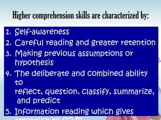 Higher comprehension skills are characterized by:
1. Self-awareness
2. Careful reading and greater retention
3. Making previous assumptions or
   hypothesis
4. The deliberate and combined ability
   to
   reflect, question, classify, summarize,
    and predict
5. Information reading which gives
 