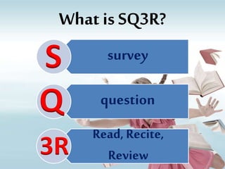 What is SQ3R?
survey
question
Read, Recite,
Review
S
3R
Q
 