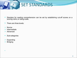 SET STANDARDS

 Standars for reading comprehension can be set by establishing cut-off scores on a
    scoring rubric or rating scale.

 There are three levels:

 Novice
 Intermediate
 Advanced

 Sub-categories

 Expanding
 Bridging









                                                                                      9
 