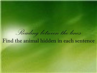 Reading between the lines
Find the animal hidden in each sentence
 