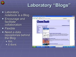 Laboratory “Blogs” Laboratory notebook is a Blog Encourage and facilitate collaboration Flexible Need a data repositories behind the  B log R4L E-Bank 