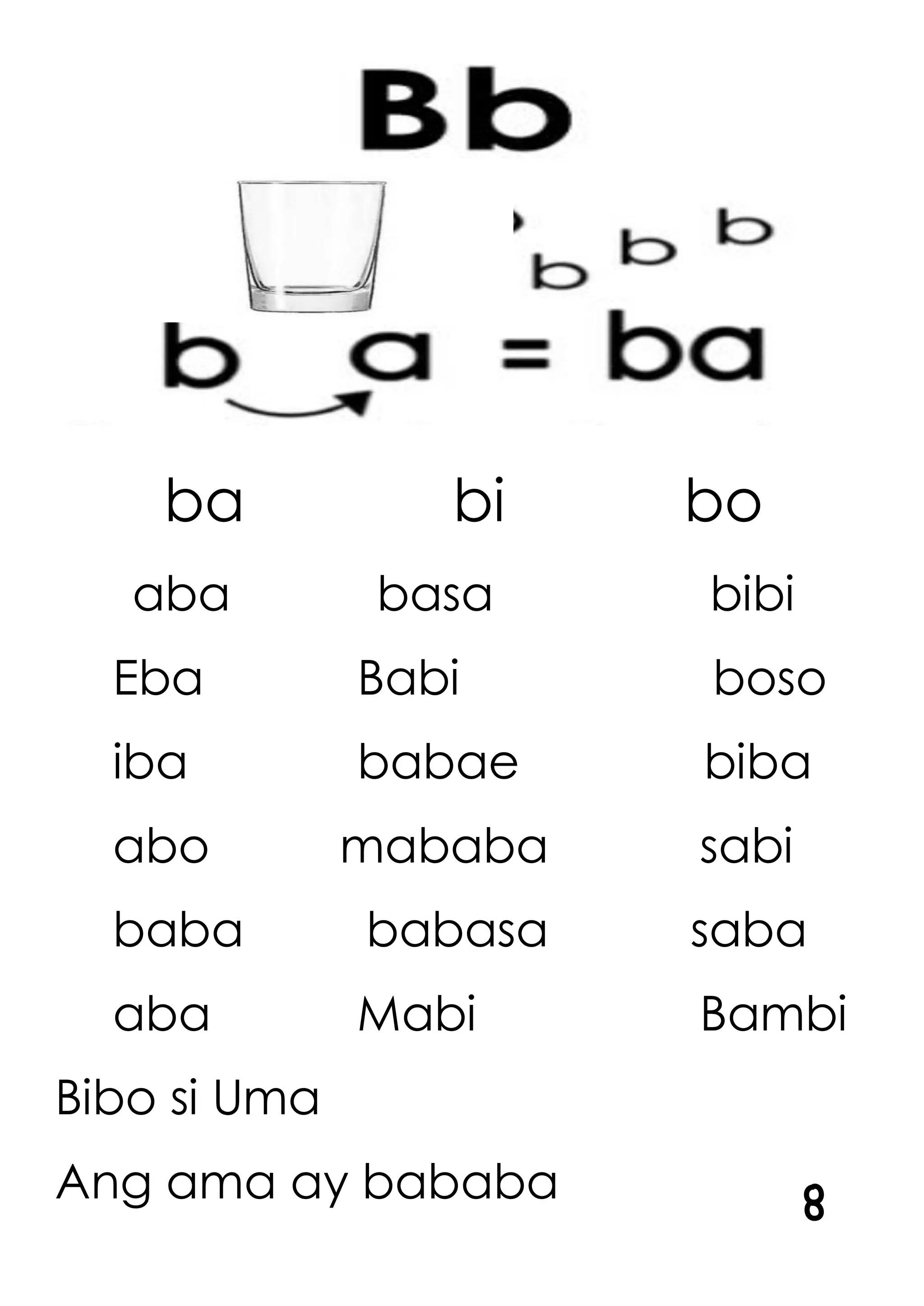 ba bi bo
aba basa bibi
Eba Babi boso
iba babae biba
abo mababa sabi
baba babasa saba
aba Mabi Bambi
Bibo si Uma
Ang ama ay bababa 8
 