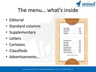 News Article: A news article is a report on an event that has taken place. Articles may include a byline, body text, photo, and captionUnderstanding the newspaper….Feature article: Feature articles report about an issue, person, event with added depth and more background details. 