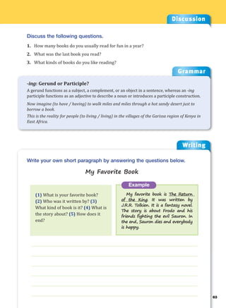 Writing
g
63
___________________________________________________________________
___________________________________________________________________
___________________________________________________________________
___________________________________________________________________
___________________________________________________________________
___________________________________________________________________
Example
My favorite book is The Return
of the King. It was written by
J.R.R. Tolkien. It is a fantasy novel.
The story is about Frodo and his
friends fighting the evil Sauron. In
the end, Sauron dies and everybody
is happy.
Write your own short paragraph by answering the questions below.
My Favorite Book
Discussion
Discuss the following questions.
1. How many books do you usually read for fun in a year?
2. What was the last book you read?
3. What kinds of books do you like reading?
(1) What is your favorite book?
(2) Who was it written by? (3)
What kind of book is it? (4) What is
the story about? (5) How does it
end?
Grammar
-ing: Gerund or Participle?
A gerund functions as a subject, a complement, or an object in a sentence, whereas an -ing
participle functions as an adjective to describe a noun or introduces a participle construction.
Now imagine (to have / having) to walk miles and miles through a hot sandy desert just to
borrow a book.
This is the reality for people (to living / living) in the villages of the Garissa region of Kenya in
East Africa.
 
