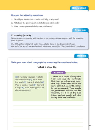 Writing
g
81
___________________________________________________________________
___________________________________________________________________
___________________________________________________________________
___________________________________________________________________
___________________________________________________________________
___________________________________________________________________
Example
There are a couple of ways that
I can help save the rainforests.
First, I can use only recycled paper.
That way, fewer trees will be cut
down. Second, I can write a letter
to my government. Then, maybe
the government will help save the
rainforest, too. If we all try these
things, perhaps people will stop
cutting down the rainforests.
Write your own short paragraph by answering the questions below.
What I Can Do
Discussion
Discuss the following questions.
1. Would you like to visit a rainforest? Why or why not?
2. What can the government do to help save rainforests?
3. How can we personally help save rainforests?
(1) How many ways can you help
save rainforests? (2) What is the
first way? (3) How will it help? (4)
What is another way? (5) How will
it help? (6) What will happen if we
all try these things?
Grammar
Expressing Quantity
When we express quantity with fractions or percentages, the verb agrees with the preceding
noun or phrase.
One fifth of the world’s fresh water (is / are) also found in the Amazon Rainforest.
One half of the world’s species of animals, plants, and insects (live / lives) in the Earth’s rainforests.
 