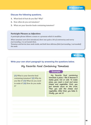 Writing
g
93
___________________________________________________________________
___________________________________________________________________
___________________________________________________________________
___________________________________________________________________
___________________________________________________________________
___________________________________________________________________
Example
My favorite food containing
tomatoes is pizza. I like it because it
tastes good, hot or cold. To make
pizza, you need a crust and some
cheese and vegetables. First, you
put tomato sauce on the crust.
Then you add the cheese and
vegetables. After that, you bake it.
Finally, you eat it!
Write your own short paragraph by answering the questions below.
My Favorite Food Containing Tomatoes
Discussion
Discuss the following questions.
1. What kind of fruit do you like? Why?
2. How often do you eat tomatoes?
3. What are your favorite foods containing tomatoes?
(1) What is your favorite food
containing tomatoes? (2) Why do
you like it? (3) What do you need
to make it? (4) How do you make
it?
Grammar
Participle Phrases as Adjectives
A participle phrase follows a noun or a pronoun which it modifies.
When tomatoes were first introduced, there was quite a bit of controversy and worry
(surrounding / to surround) them.
Tomatoes and berries have seeds inside, and both have delicious flesh (surrounding / surrounded)
the seeds.
 