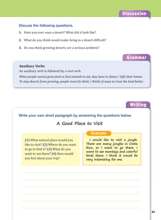 81
Discussion
Writing
8
g
___________________________________________________________________
___________________________________________________________________
___________________________________________________________________
___________________________________________________________________
___________________________________________________________________
___________________________________________________________________
Example
I would like to visit a jungle.
There are many jungles in Costa
Rica, so I want to go there. I
want to see monkeys and colorful
birds there. I think it would be
very interesting for me.
Write your own short paragraph by answering the questions below.
A Good Place to Visit
Discuss the following questions.
1. Have you ever seen a desert? What did it look like?
2. What do you think would make living in a desert difficult?
3. Do you think growing deserts are a serious problem?
(1) What natural place would you
like to visit? (2) Where do you want
to go to find it? (3) What do you
want to see there? (4) How would
you feel about your trip?
Grammar
Auxiliary Verbs
An auxiliary verb is followed by a root verb.
When people cannot grow food or find animals to eat, they have to (leave / left) their homes.
To stop deserts from growing, people must (to think / think) of ways to treat the land better.
 