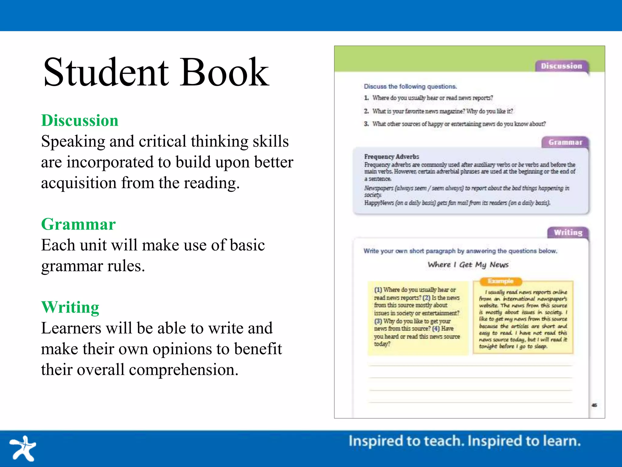 Student Book
Discussion
Speaking and critical thinking skills
are incorporated to build upon better
acquisition from the reading.
Grammar
Each unit will make use of basic
grammar rules.
Writing
Learners will be able to write and
make their own opinions to benefit
their overall comprehension.
 
