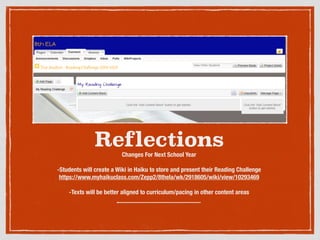 Reflections
Changes For Next School Year
!
-Students will create a Wiki in Haiku to store and present their Reading Challenge
https://www.myhaikuclass.com/Zepp2/8thela/wk/2918605/wiki/view/10293469
!
-Texts will be better aligned to curriculum/pacing in other content areas
 