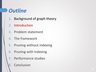 Outline
1. Background of graph theory
2. Introduction
3. Problem statement
4. The framework
5. Pruning without indexing
6. Pruning with indexing
7. Performance studies
8. Conclusion
10
 