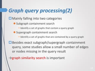 Graph query processing(2)
Mainly falling into two categories
 Subgraph containment search
Identify a set of graphs that contain a query graph
 Supergraph containment search
Identify a set of graphs that are contained by a query graph
Besides exact subgraph/supergraph containment
query, some studies allow a small number of edges
or nodes missing in the query result
→graph similarity search is important
12
 