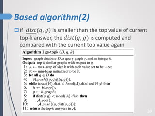 Based algorithm(2)
30
If 𝑑𝑖𝑠𝑡(𝑞, 𝑔) is smaller than the top value of current
top-k answer, the 𝑑𝑖𝑠𝑡(𝑞, 𝑔) is computed and
compared with the current top value again
 
