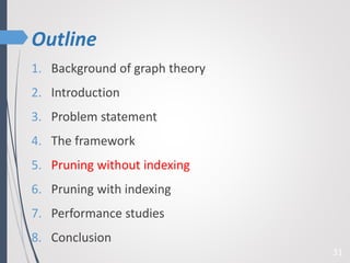 Outline
1. Background of graph theory
2. Introduction
3. Problem statement
4. The framework
5. Pruning without indexing
6. Pruning with indexing
7. Performance studies
8. Conclusion
31
 