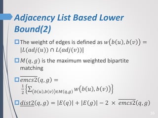 Adjacency List Based Lower
Bound(2)
36
The weight of edges is defined as 𝑤 𝑏 𝑢 , 𝑏 𝑣 =
|𝐿(𝑎𝑑𝑗(𝑢)) ∩ 𝐿(𝑎𝑑𝑗(𝑣))|
𝑀(𝑞, 𝑔) is the maximum weighted bipartite
matching
𝑒𝑚𝑐𝑠2 𝑞, 𝑔 =
1
2 𝑏 𝑢 ,𝑏 𝑣 ∈𝑀 𝑞,𝑔 𝑤 𝑏 𝑢 , 𝑏 𝑣
𝑑𝑖𝑠𝑡2 𝑞, 𝑔 = 𝐸 𝑞 + 𝐸 𝑔 − 2 × 𝑒𝑚𝑐𝑠2 𝑞, 𝑔
 